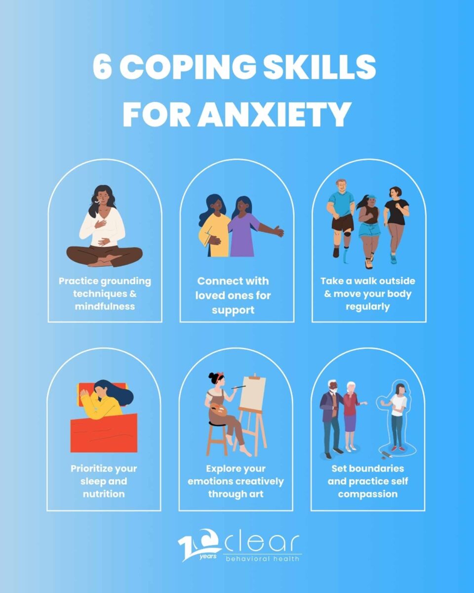 infographic outlining 6 coping skills for anxiety