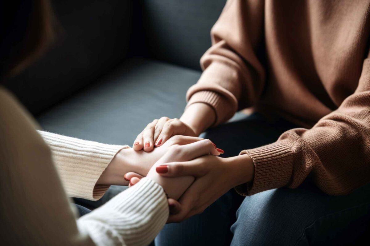 Woman struggling with passive suicidal ideation holding hands with a therapist in a residential mental health treatment center.