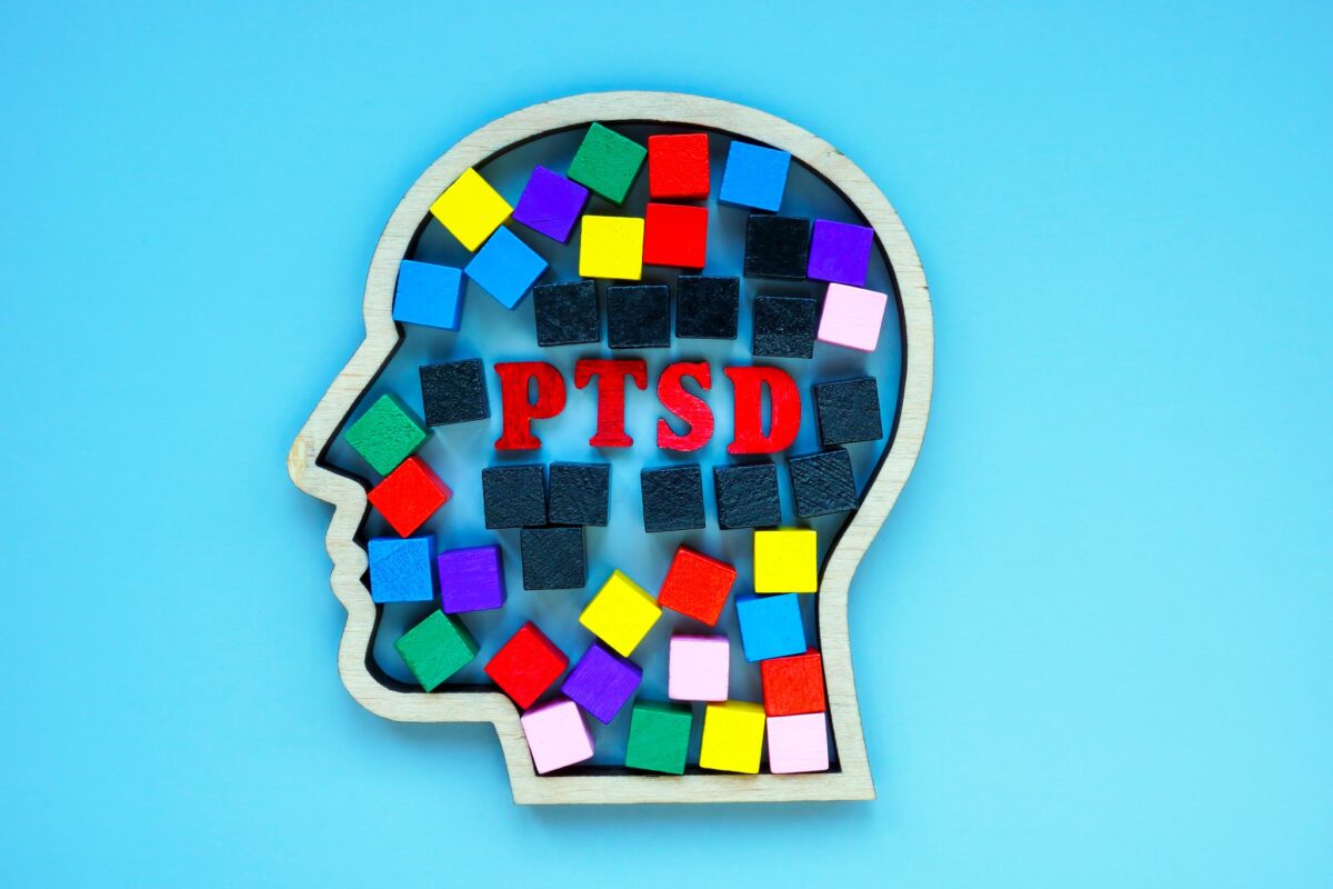 head shape filled with colored cubes and the letters p t s d representing ptsd treatment