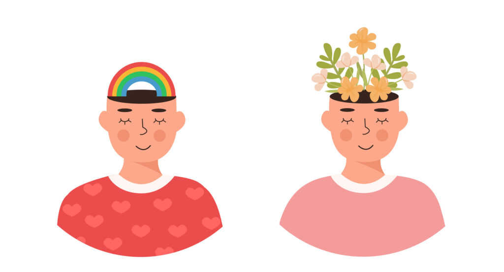illustration of two individuals the one on the left with a rainbow in their head and the one on the right with flowers in their head both with a happy face to show the health of their brain for the lgbtq community
