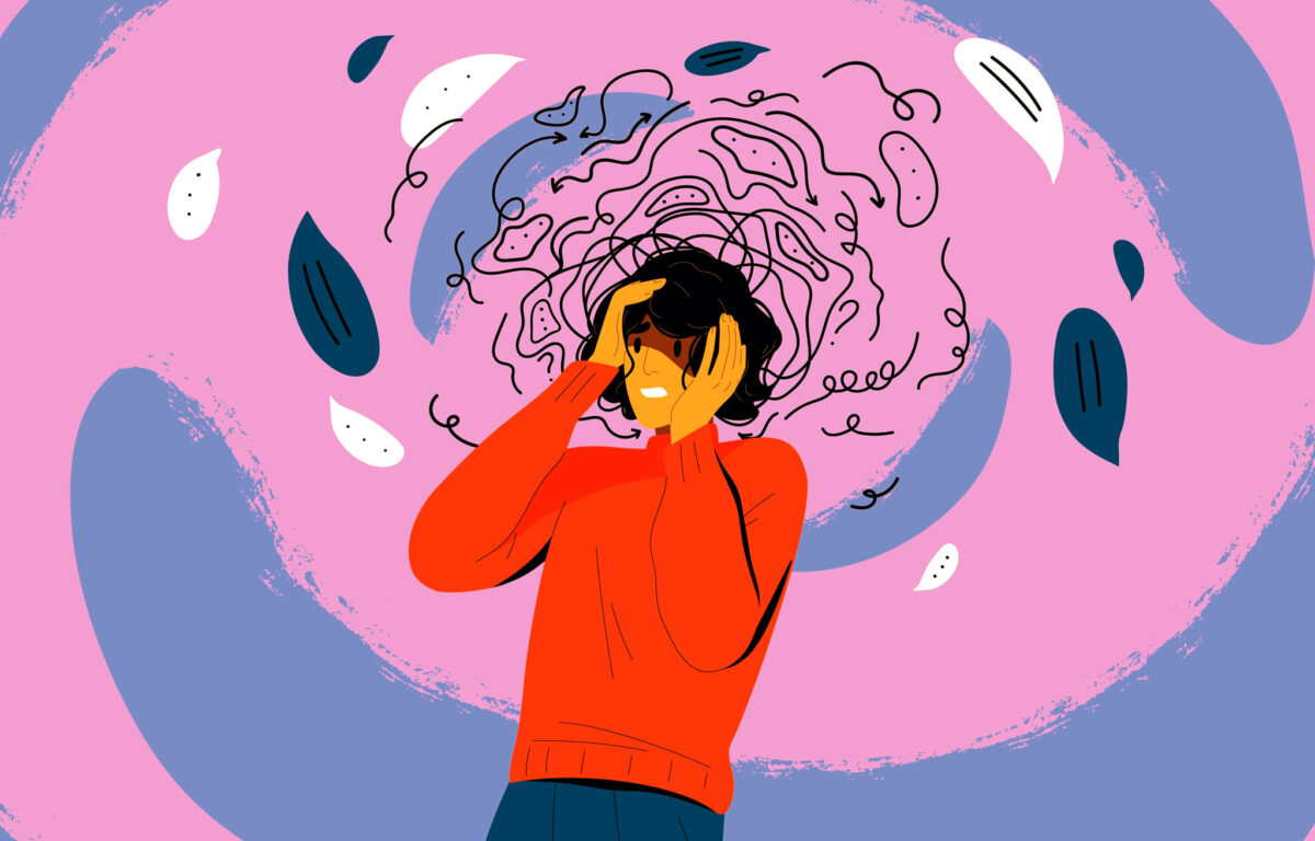 illustration of what is anxiety where someone is struggling with circling fears and a tangle of thoughts