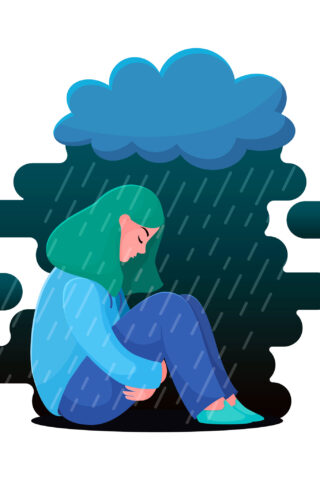illustration of what is depression where a woman is sitting underneath a rain cloud