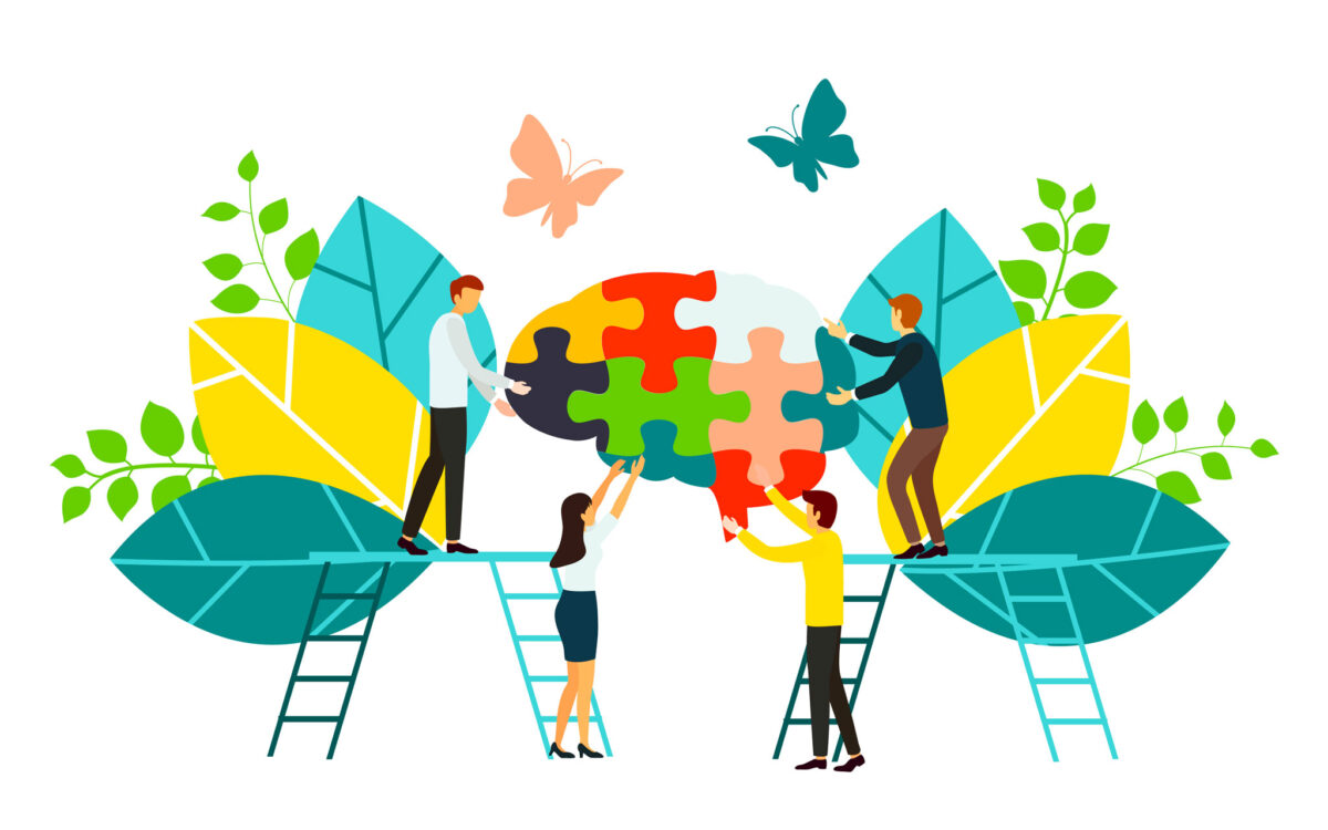 illustration of substance abuse recovery with people repairing a puzzle piece brain