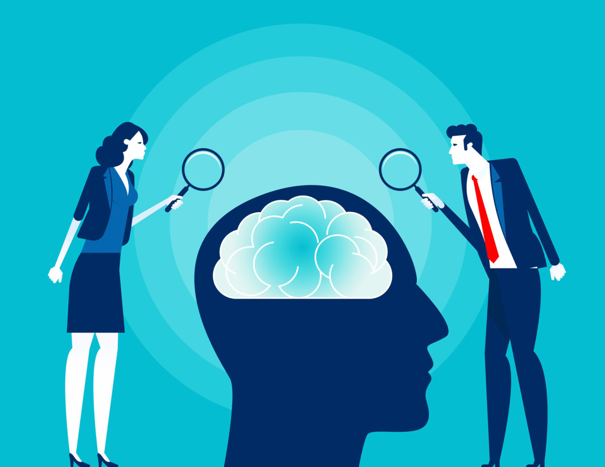illustration of a man and a woman observing a brain wondering what causes mental illness