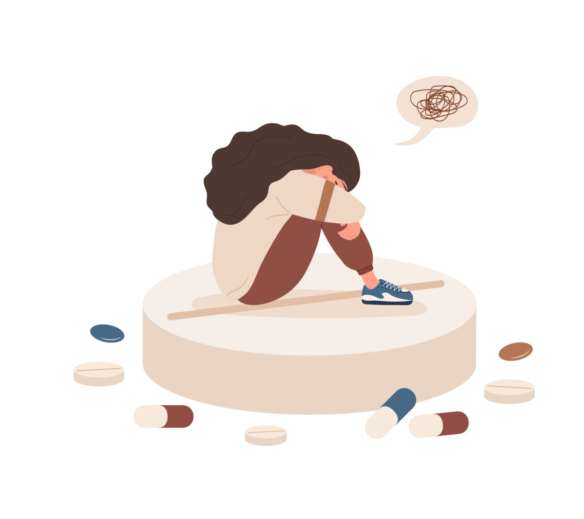 Depressed woman sitting on huge pill. Sad girl with headache. Mental disorders concept.