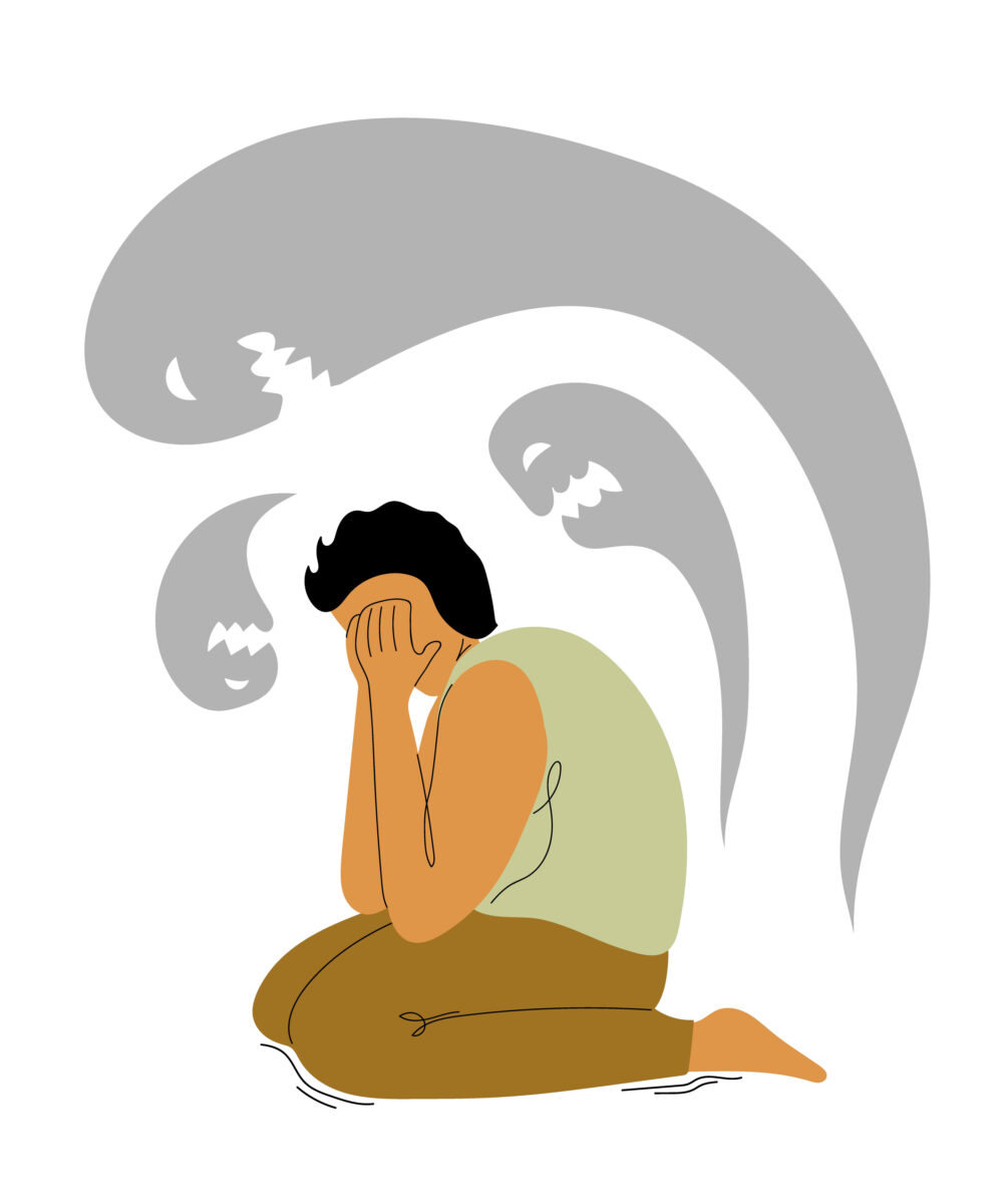 Despaired man sitting on the floor having fears and scary fantasies feeling sorrow, depression, sadness.