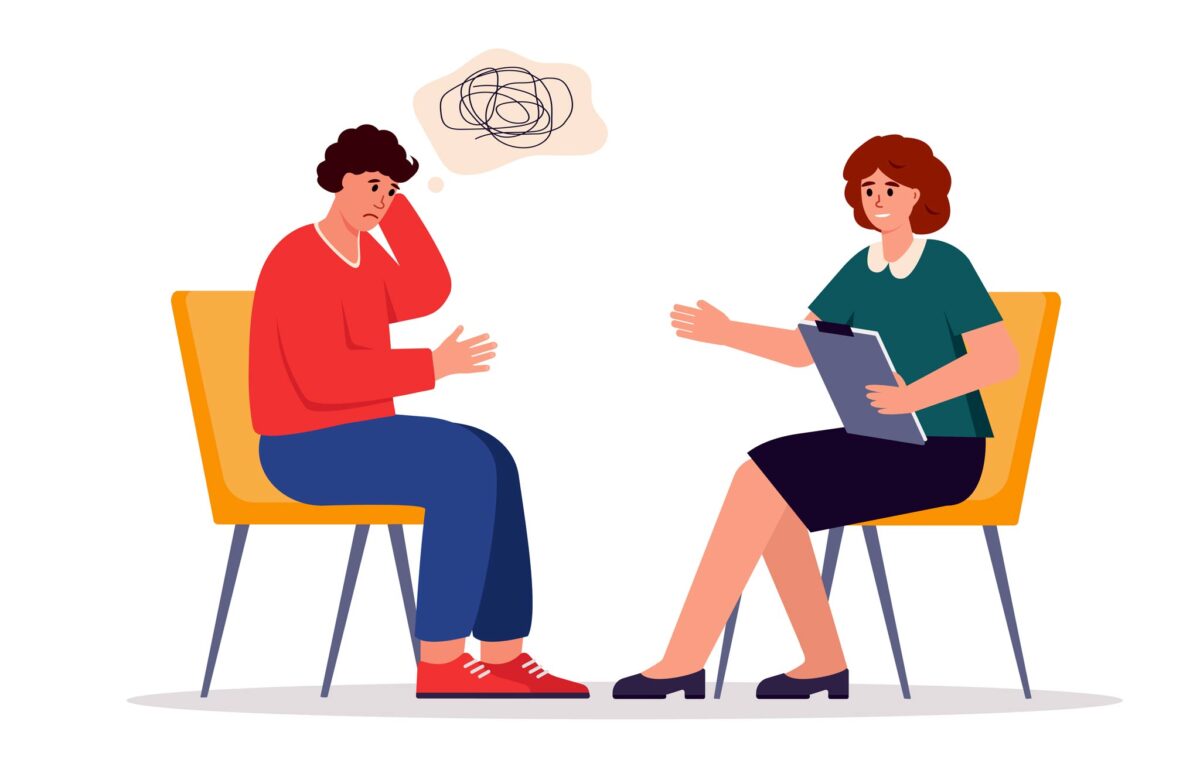 illustration of a therapy session where the therapist is helping a client deal with school issues in teens