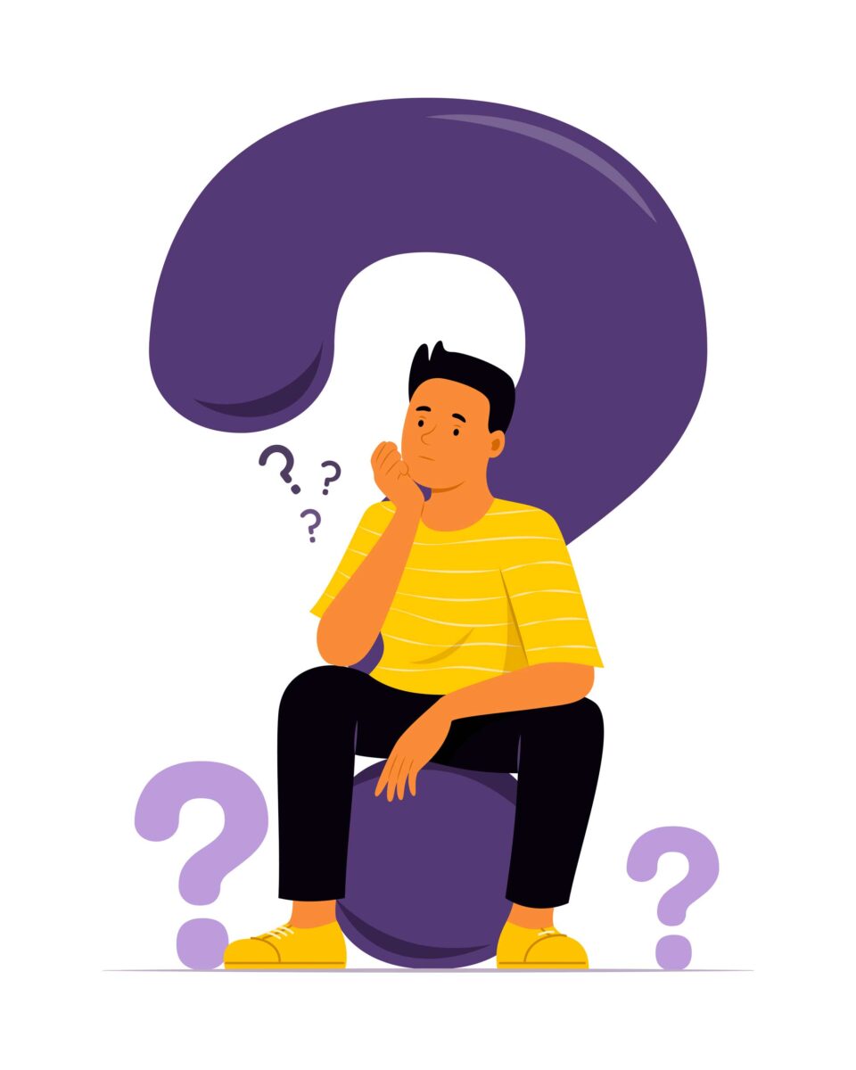 illustration of a teen boy sitting on a purple ball surrounded by purple question marks wondering what are school issues