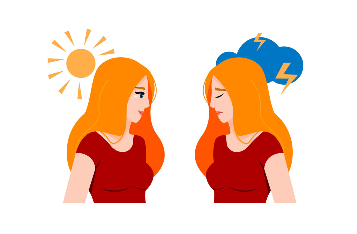 illustration of teen girl with a sunny happy version and a sad cloudy version of bipolar disorder in teens