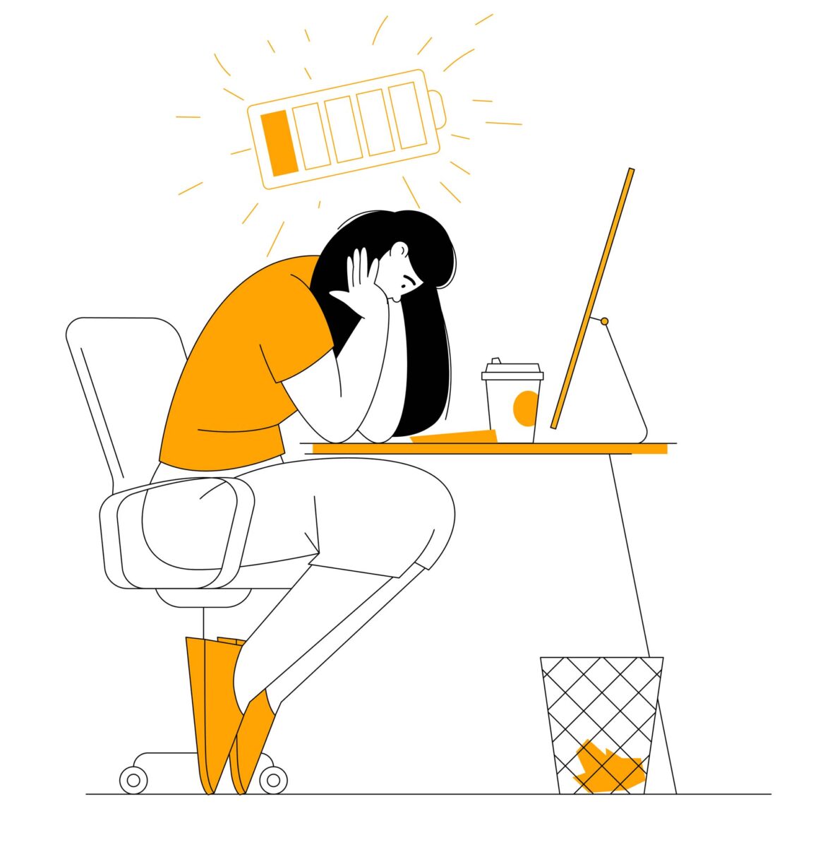 illustration of a woman at her desk and battery depleted suffering from burnout